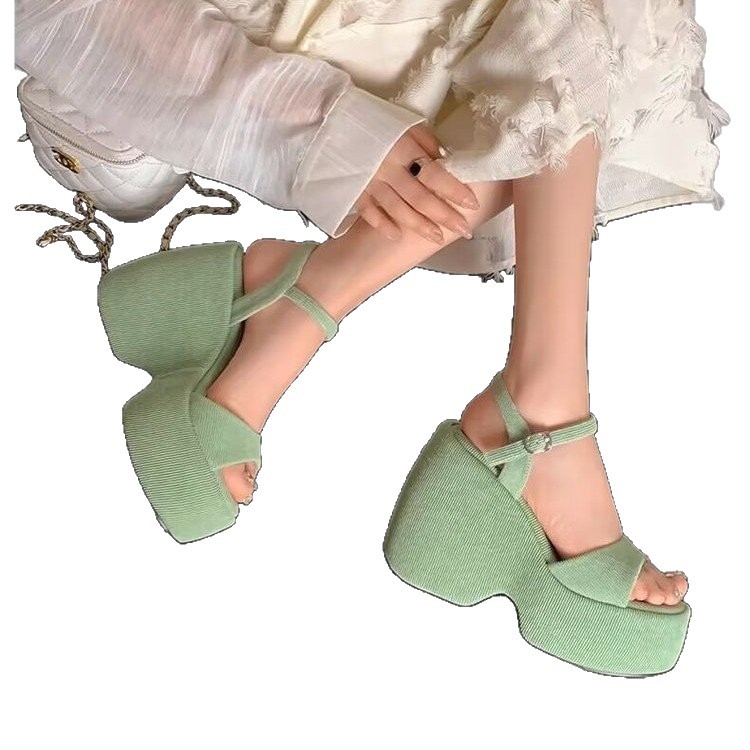 Σάνδαλα με ψάρι-στόμα, κορεατικού στυλ, στρογγυλή μύτη, πλατφόρμα με κλίση, υφασμάτινο πάνω μέρος