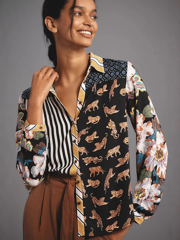 Риза с дълги ръкави от полиестер, животински принт, яка тип лапел, цифров печат