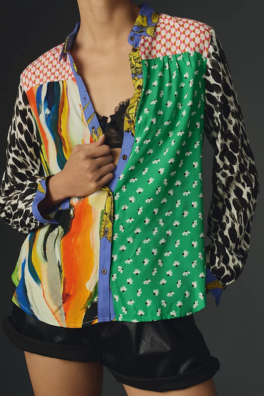 Риза с дълги ръкави от полиестер, животински принт, яка тип лапел, цифров печат