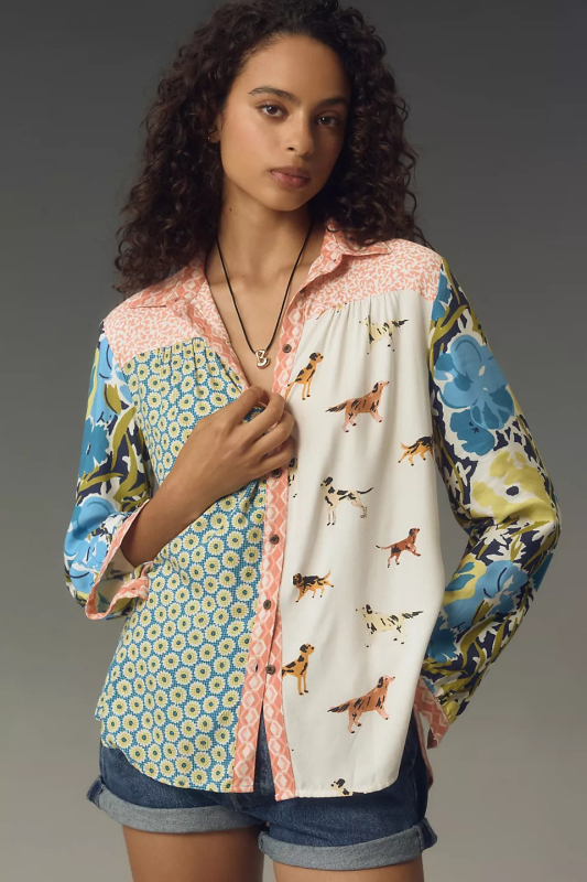 Риза с дълги ръкави от полиестер, животински принт, яка тип лапел, цифров печат