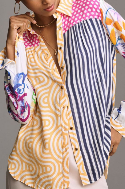 Риза с дълги ръкави от полиестер, животински принт, яка тип лапел, цифров печат