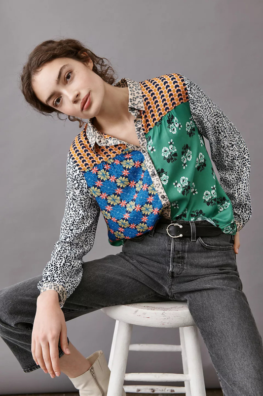 Риза с дълги ръкави от полиестер, животински принт, яка тип лапел, цифров печат