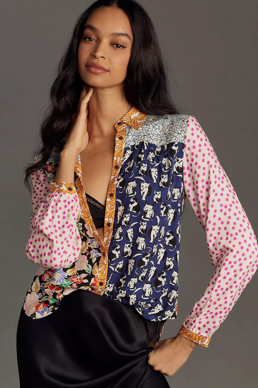 Риза с дълги ръкави от полиестер, животински принт, яка тип лапел, цифров печат