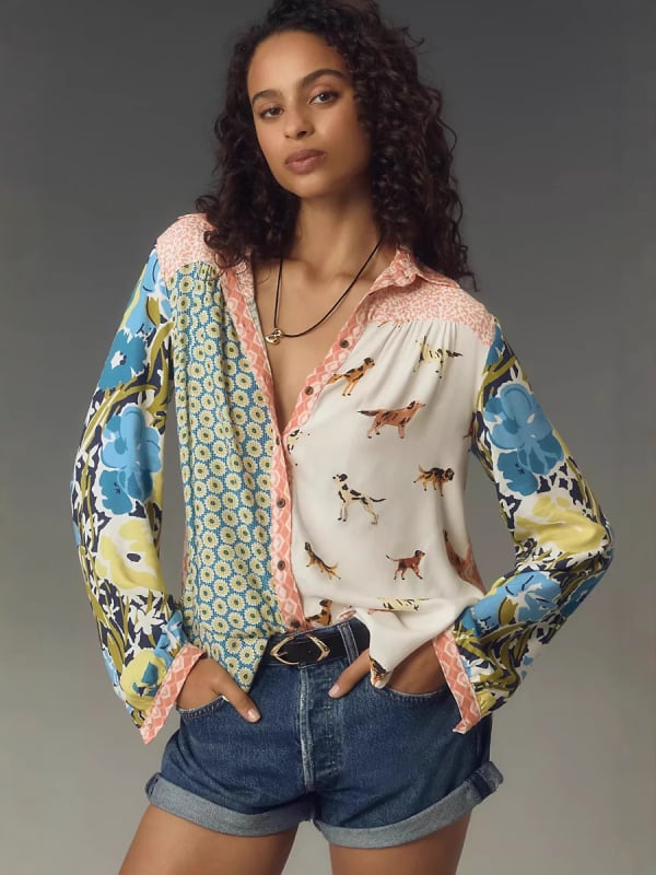 Риза с дълги ръкави от полиестер, животински принт, яка тип лапел, цифров печат