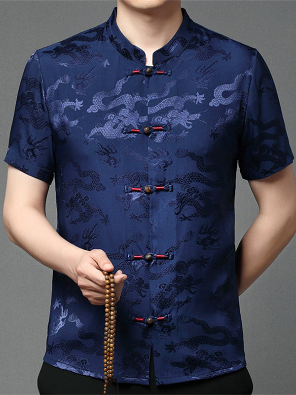 Muška košulja kratkih rukava, vintage stil, stojeći ovratnik, jacquard uzorak, smjesa poliestera, široki kroj