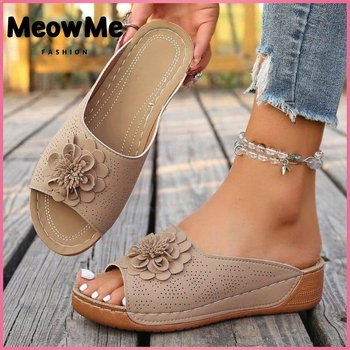 Дамски чехли с кръгъл нос, PU горна част, наклонен ток, нисък ток (<3 см), подметка от гума