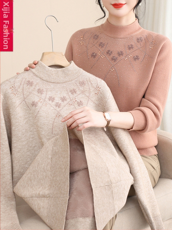 Dámsky teplý pletený základný top s fleecovou podšívkou, pulóver | Polyester 95%+, dlhé rukávy, polovičný vysoký golier, pravidelná dĺžka 50–65 cm