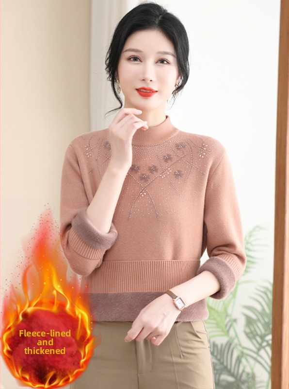 Dámsky teplý pletený základný top s fleecovou podšívkou, pulóver | Polyester 95%+, dlhé rukávy, polovičný vysoký golier, pravidelná dĺžka 50–65 cm