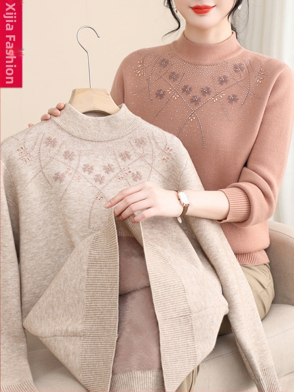 Dámsky teplý pletený základný top s fleecovou podšívkou, pulóver | Polyester 95%+, dlhé rukávy, polovičný vysoký golier, pravidelná dĺžka 50–65 cm