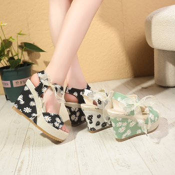 Ρωμαϊκά σανδάλια με παχιά πλατφόρμα, δάχτυλο σε σχήμα ψαριού, Κορεάτικο στυλ, άνω μέρος από ύφασμα, επένδυση από συνθετικό δέρμα