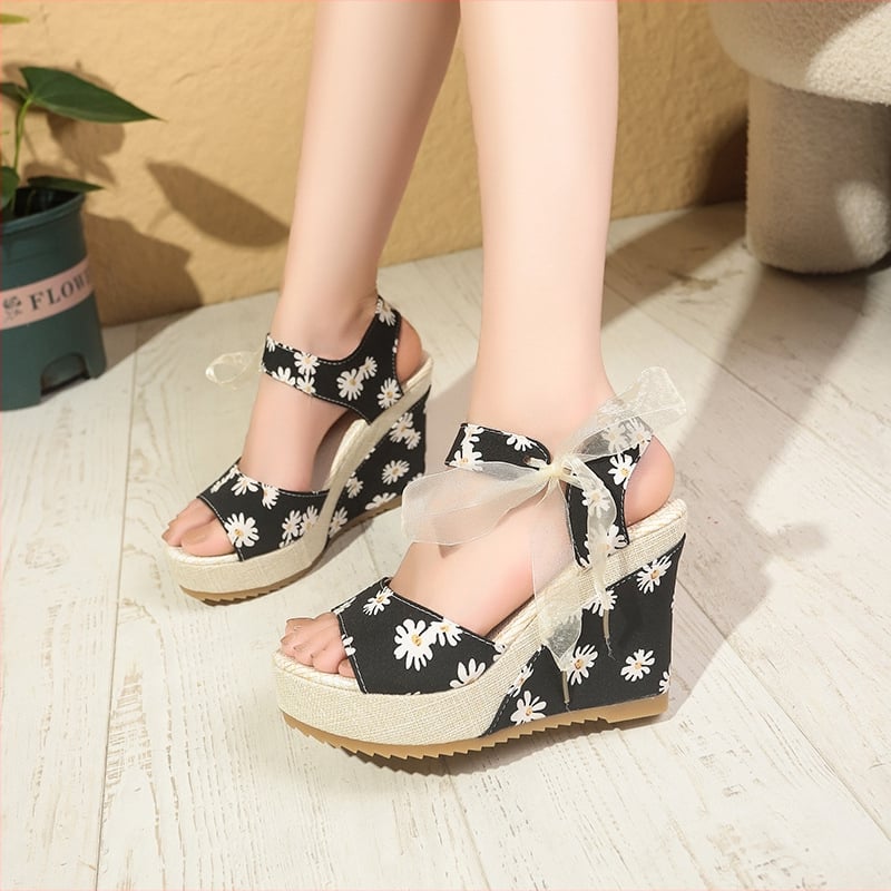 Ρωμαϊκά σανδάλια με παχιά πλατφόρμα, δάχτυλο σε σχήμα ψαριού, Κορεάτικο στυλ, άνω μέρος από ύφασμα, επένδυση από συνθετικό δέρμα