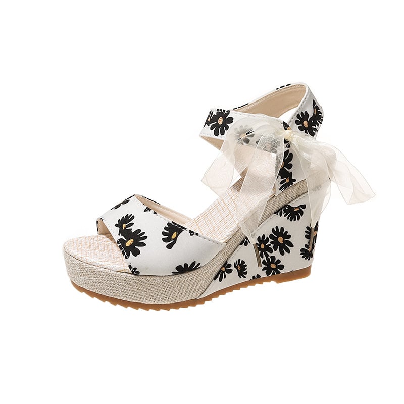 Ρωμαϊκά σανδάλια με παχιά πλατφόρμα, δάχτυλο σε σχήμα ψαριού, Κορεάτικο στυλ, άνω μέρος από ύφασμα, επένδυση από συνθετικό δέρμα