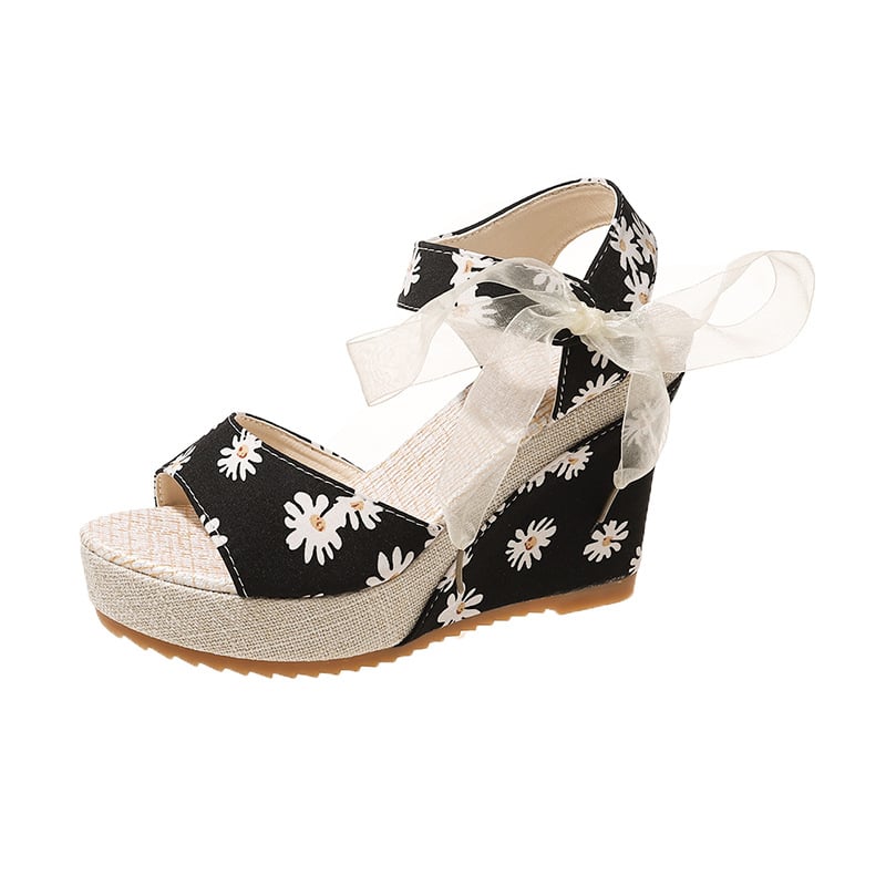 Ρωμαϊκά σανδάλια με παχιά πλατφόρμα, δάχτυλο σε σχήμα ψαριού, Κορεάτικο στυλ, άνω μέρος από ύφασμα, επένδυση από συνθετικό δέρμα