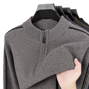 Férfi 100% gyapjúból készült, vastag kötött pulóver félmagas gallérral és cipzárral, hosszú ujjú, téli 2025