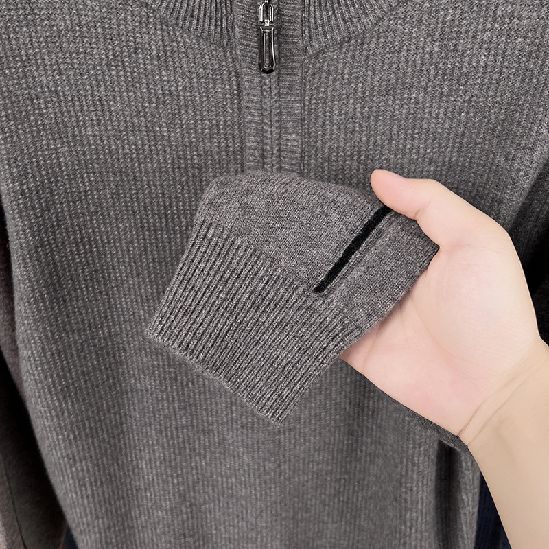 Férfi 100% gyapjúból készült, vastag kötött pulóver félmagas gallérral és cipzárral, hosszú ujjú, téli 2025