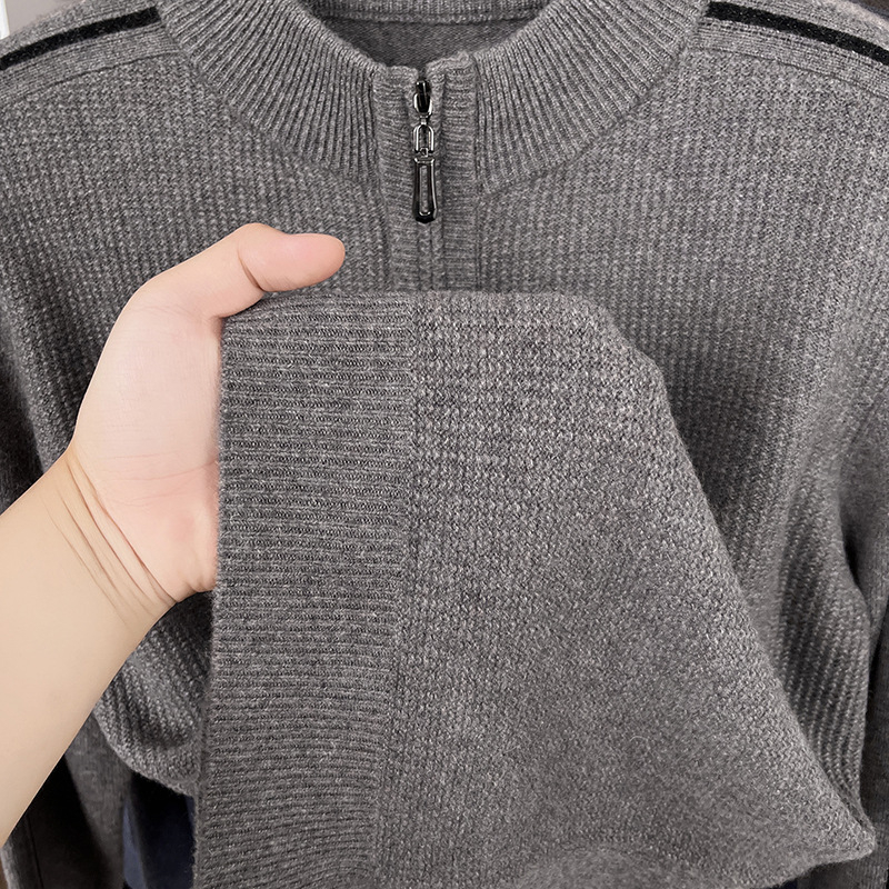 Férfi 100% gyapjúból készült, vastag kötött pulóver félmagas gallérral és cipzárral, hosszú ujjú, téli 2025