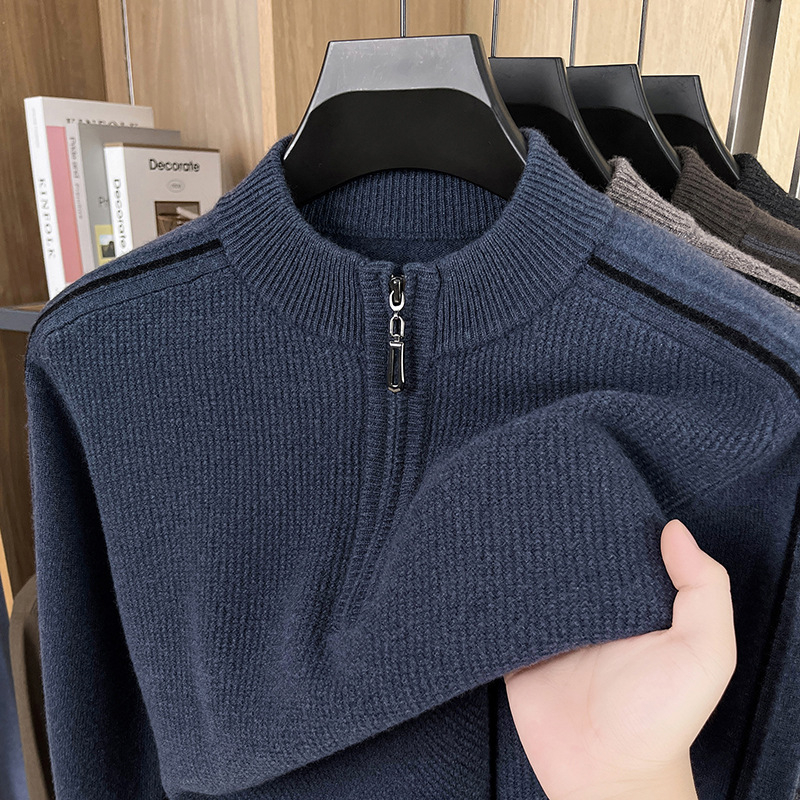 Férfi 100% gyapjúból készült, vastag kötött pulóver félmagas gallérral és cipzárral, hosszú ujjú, téli 2025