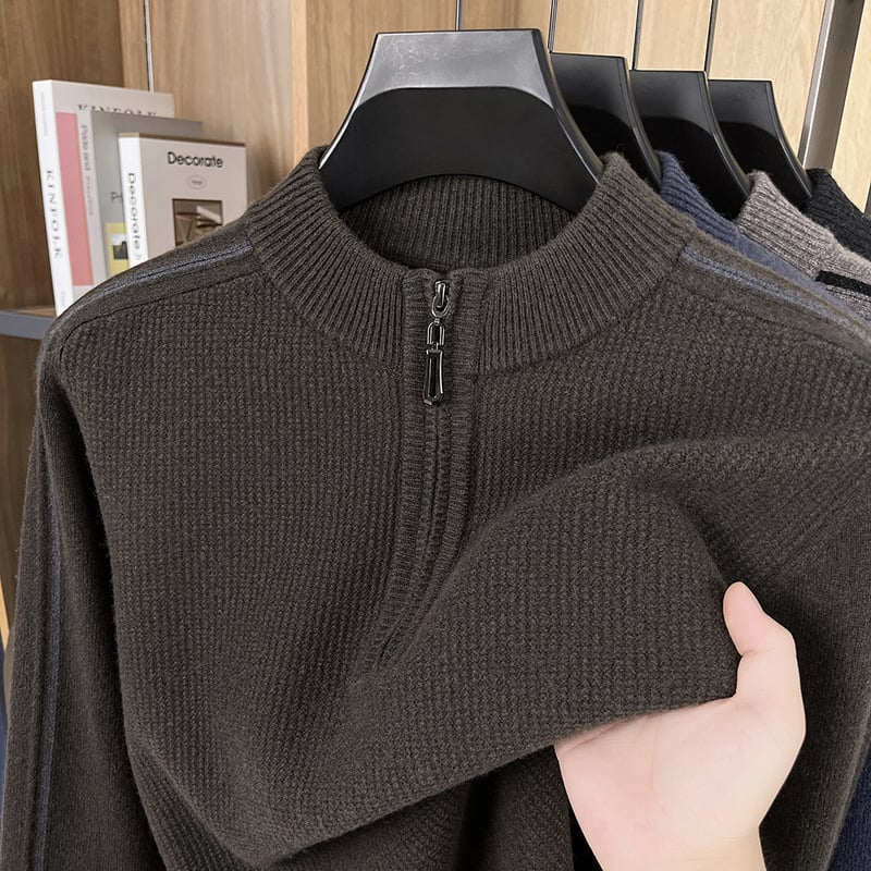 Férfi 100% gyapjúból készült, vastag kötött pulóver félmagas gallérral és cipzárral, hosszú ujjú, téli 2025