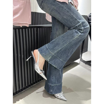 Sandale cu deget ascuțit și bretea în spate, PU partea superioară, toc 6 cm, curea elastică, încălțăminte femei