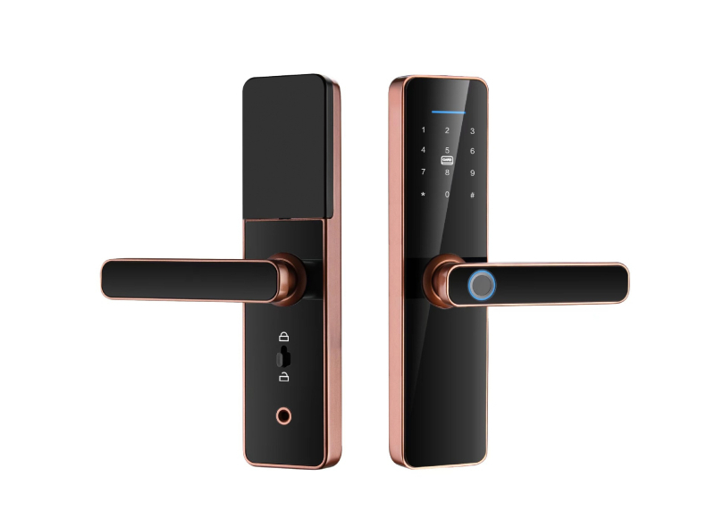 S811 okos beltéri ajtózár Tuya alkalmazáson keresztüli vezérléssel, ujjlenyomat, jelszó, kártya és mechanikus kulcs nyitás, alumínium ötvözet test