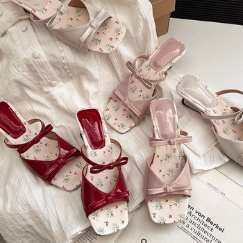 Sandale cu toc înalt, bretea simplă, PU suprafață, vârf pătrat, cataramă, talpă din cauciuc, primăvara 2025