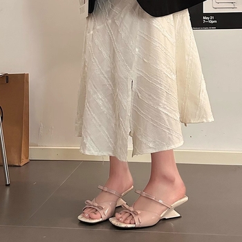 Sandale cu toc înalt, bretea simplă, PU suprafață, vârf pătrat, cataramă, talpă din cauciuc, primăvara 2025