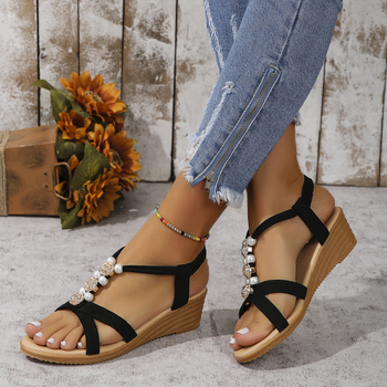 Sandale romane pentru femei — vârf în formă de gură de pește, partea superioară PU, căptușeală PU, talpă din cauciuc, curea elastică