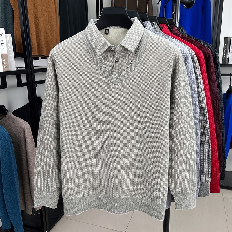 Pleten džemper s flis podstavom, prugasti jacquard pleteni, debeli, preklopni ovratnik, slobodan kroj, 90% poliester