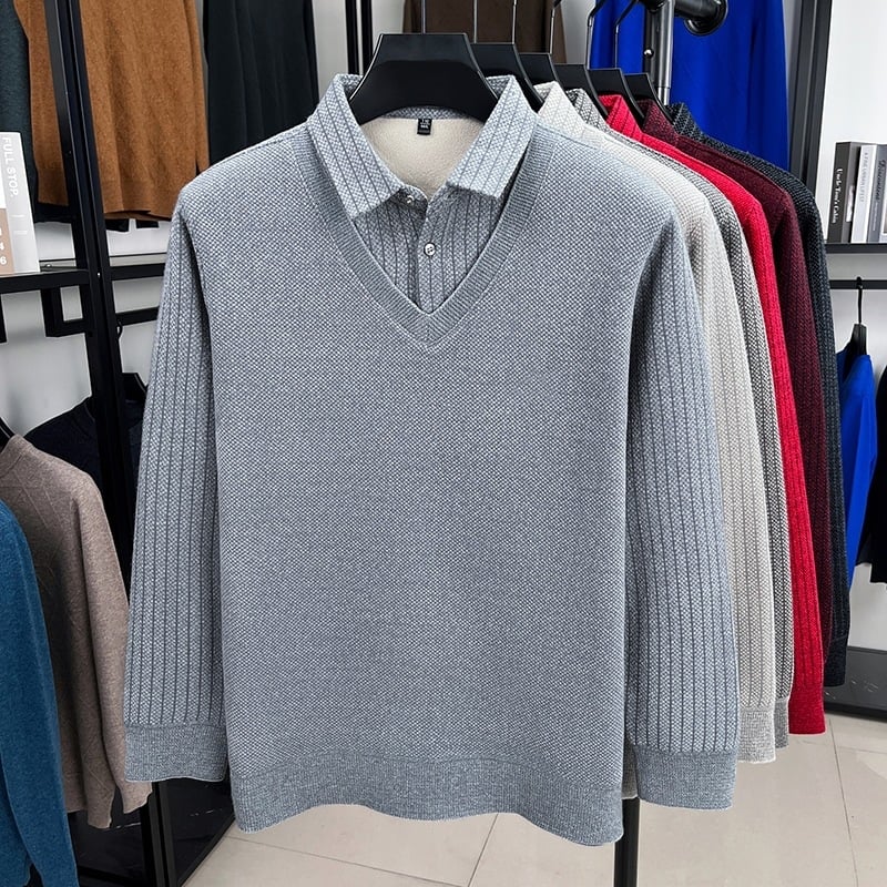 Pleten džemper s flis podstavom, prugasti jacquard pleteni, debeli, preklopni ovratnik, slobodan kroj, 90% poliester