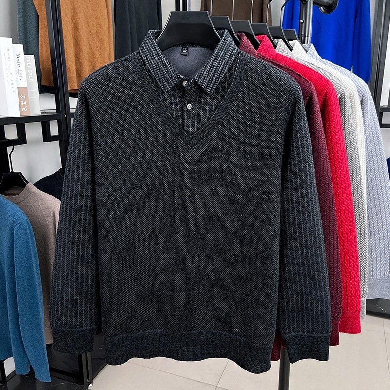 Pleten džemper s flis podstavom, prugasti jacquard pleteni, debeli, preklopni ovratnik, slobodan kroj, 90% poliester