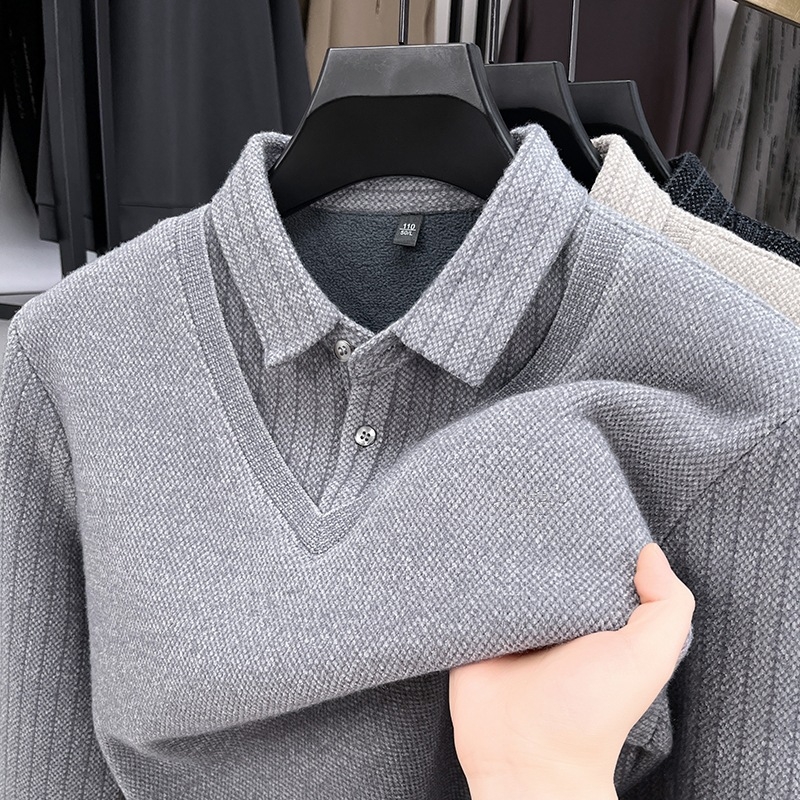 Pleten džemper s flis podstavom, prugasti jacquard pleteni, debeli, preklopni ovratnik, slobodan kroj, 90% poliester