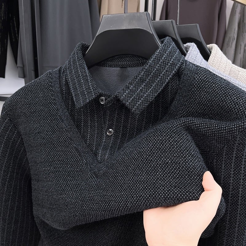 Pleten džemper s flis podstavom, prugasti jacquard pleteni, debeli, preklopni ovratnik, slobodan kroj, 90% poliester
