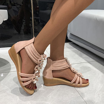 Sandale romane cu toc în formă de pană, din piele sintetică, talpă PU, vârf rotund