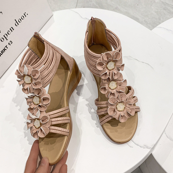 Sandale romane cu toc în formă de pană, din piele sintetică, talpă PU, vârf rotund