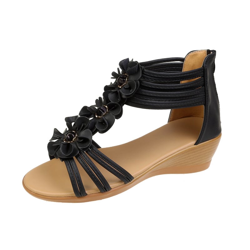 Sandale romane cu toc în formă de pană, din piele sintetică, talpă PU, vârf rotund