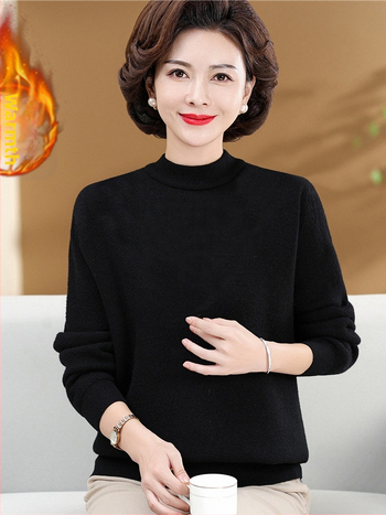 Dámsky pletený sveter s fleecovou podšívkou a polovičným rolákom (voľný strih, dlhé rukávy, polyester >95%)