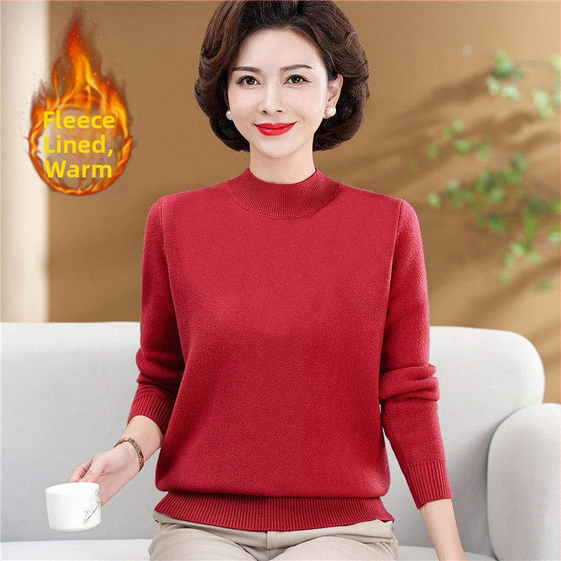 Dámsky pletený sveter s fleecovou podšívkou a polovičným rolákom (voľný strih, dlhé rukávy, polyester >95%)