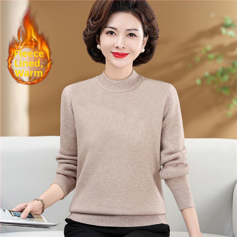 Dámsky pletený sveter s fleecovou podšívkou a polovičným rolákom (voľný strih, dlhé rukávy, polyester >95%)