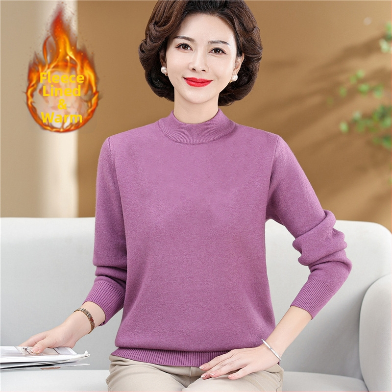 Dámsky pletený sveter s fleecovou podšívkou a polovičným rolákom (voľný strih, dlhé rukávy, polyester >95%)