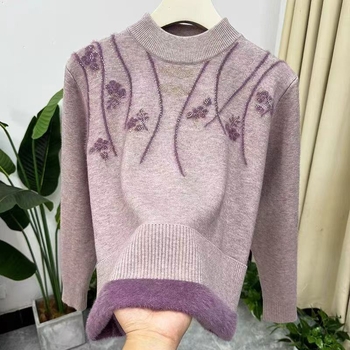 Sveter s fleecovou podšívkou, hrubý úplet, voľný strih, polokrk, 3/4 rukávy