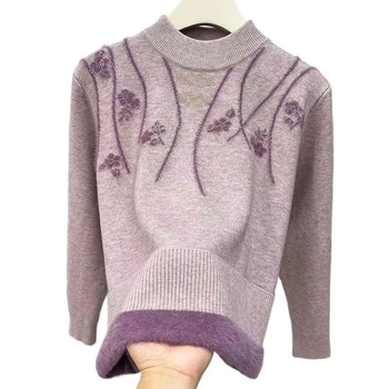 Sveter s fleecovou podšívkou, hrubý úplet, voľný strih, polokrk, 3/4 rukávy