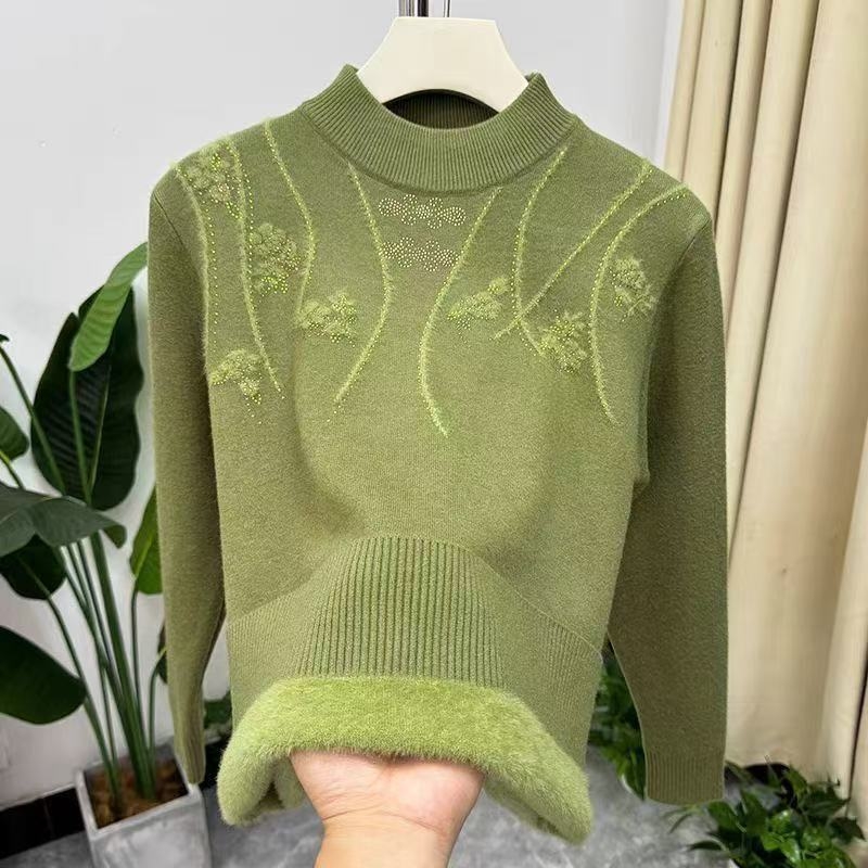 Sveter s fleecovou podšívkou, hrubý úplet, voľný strih, polokrk, 3/4 rukávy