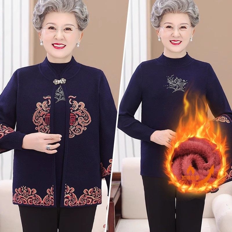 Dvojdielny pletený set s výšivkou, rastlinný kvetinový vzor, okrúhly výstrih, dlhé rukávy