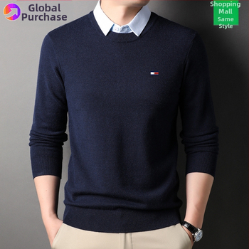 Férfiaknak készült kötött pulóver galléros megoldással, vast gyapjú, hosszú ujjú, hímzett részletek