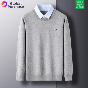 Férfiaknak készült kötött pulóver galléros megoldással, vast gyapjú, hosszú ujjú, hímzett részletek