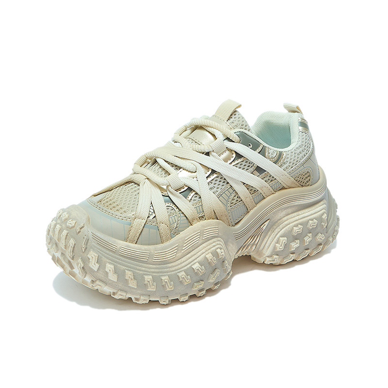 Ženske tenisice tipa dad shoes s debelim potplatom za povećanje visine; gornji dio PU+ mreža; prednje vezivanje; potplat od gume injekcijskog kalupa; svakodnevna upotreba