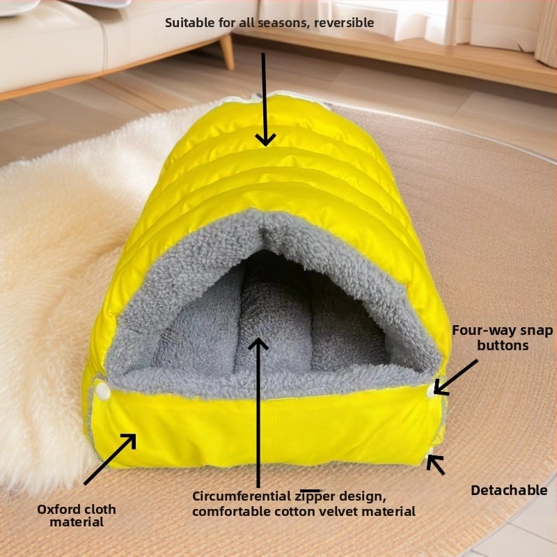 Котешко гнездо — плюшено, полузатворен дизайн, топлина през всички сезони