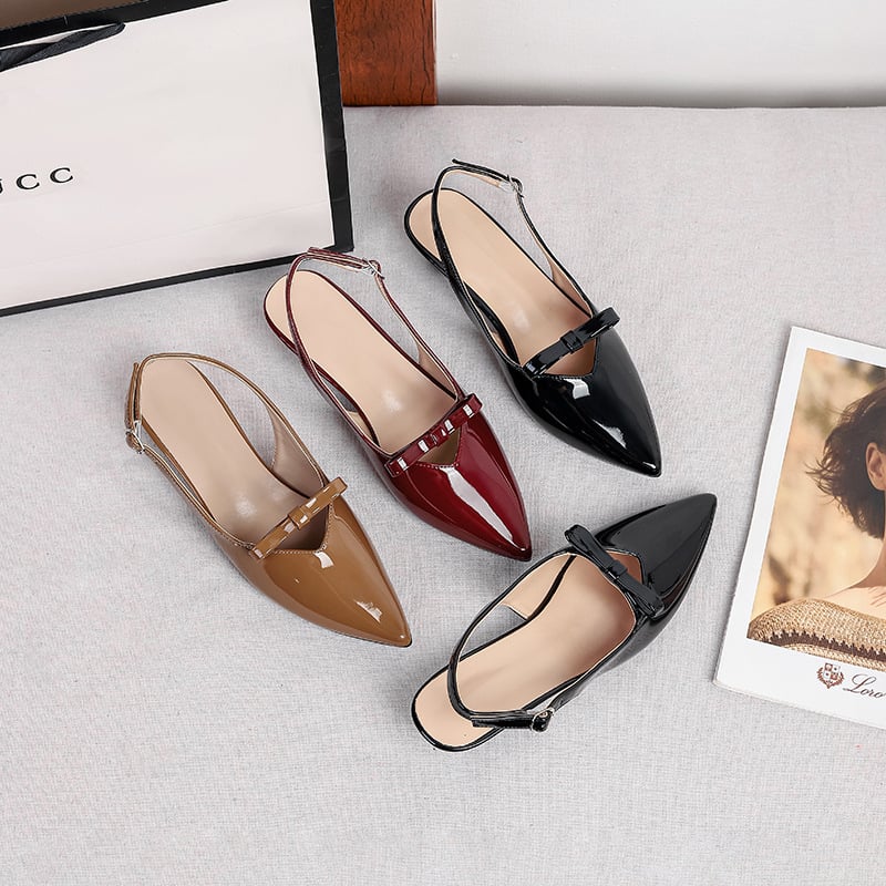 Sandale Bow-tie cu vârf ascuțit pentru femei, toc 3–6 cm în formă de pahare de vin, căptușeală PU, talpă TPR, lansare toamna 2025
