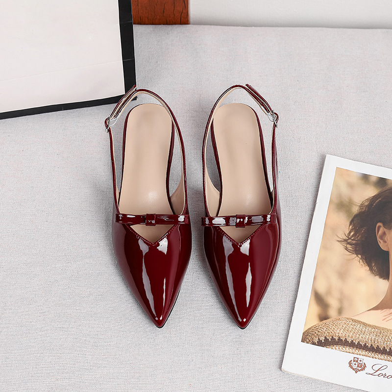 Sandale Bow-tie cu vârf ascuțit pentru femei, toc 3–6 cm în formă de pahare de vin, căptușeală PU, talpă TPR, lansare toamna 2025