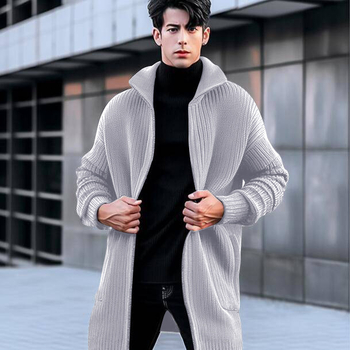 Ανδρικό μεσαίου μήκους καριγκάν με γιακά τύπου ρεβέρ, ζακάρ πλέξη, φαρδιά γραμμή, ύφασμα βαμβάκι-πολυεστέρα (80% πολυεστέρας)